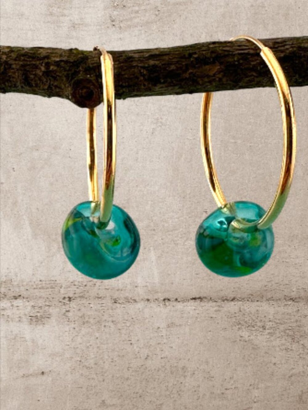 Teal Glass Hoop Earrings Gold Plated Minimalist Dangle Hoops 1" Drop